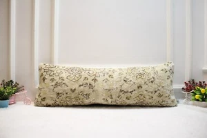 Floral Design Rug Pillow, 12x36 inc Long Lumbar Pillow Case, Organic Wool Turkis - Picture 1 of 8