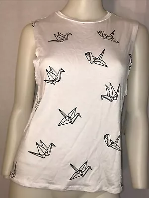 NEW WHITE ORIGAMI BIRD CRANE MUSCLE TANK TOP URBAN M - Image 1 of 3