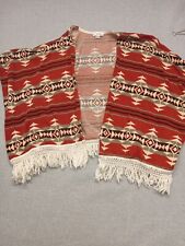 Mauve Top Blanket Sweater Size XL Tribal Pattern Red Brown w/ White Fringe