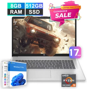 2025 HP Laptop Computer 17.3 FHD Ryzen 5 7520U 8GB RAM 512GB SSD Office 2024 Pro - Picture 1 of 15