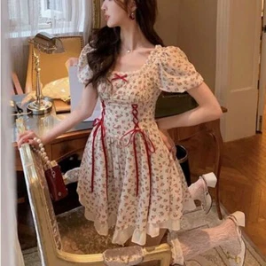 Square Collar A Line Dress Small Flowers Lace Bow Dress Mini Floral Dress - Picture 1 of 12