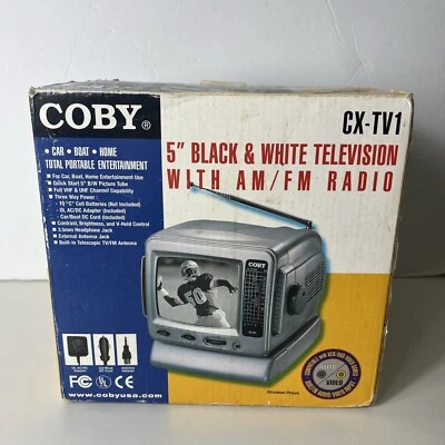 Coby CX-TV1 Analog Portable 5” B&W TV AM & FM Radio Adapter, With  Manual - Image 1 of 4