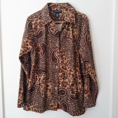 Y2K Button Up Shirt Womens M Boho 90s Paisley Brown Earthy Grunge Indie Sleaze - Image 1 of 4