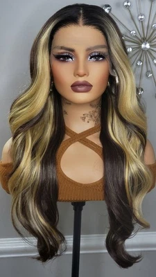 Nueva Peluca Frontal Larga Ondulada 13x4 Marrón Rubia Resaltar Parte Libre Encaje Mujer Cabello Foto 1 de 4