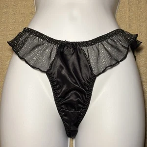 NWOT GORGEOUS Vintage 90’s Shiny Black & Gold Satin Flutter Bikini Panties L/7 - Picture 1 of 4