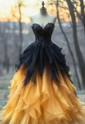 Medieval Vintage Black+Gold Wedding Dresses Applique Strapless Floor Length - Image 1 of 4