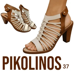 Pikolinos Women's Java Gladiator Peep Toe Heeled Leather Sandals Brown White 37 - Picture 1 of 11