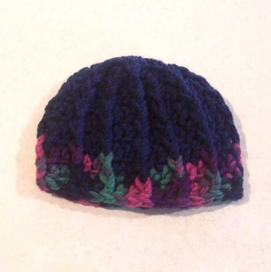 Crochet Navy Blue with Royal Multicolor Trim Ribbed Stocking Cap 16"-18" Doll - Picture 1 of 1