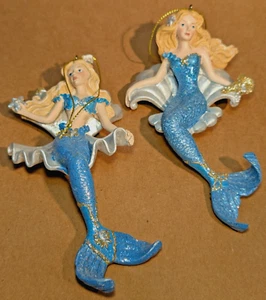 (2) KSA MERMAID ON SHELLS ORNAMENTS 6" TALL BLUE AND GOLD GLITTER - Picture 1 of 12