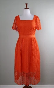 TALBOTS $149 Orange Embroidered Lace Square Neck Lined Midi Dress Size 12 - Picture 1 of 6