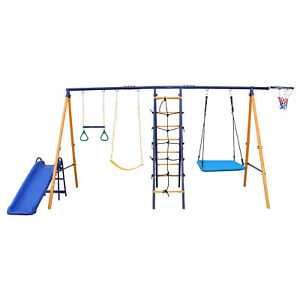 Outdoor Swing Set 7-in-1 Swin Set with A-Frame Slide 2 Swin Climbing Net Ladders