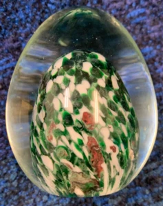Clear Glass Egg Shaped Paperweight with Green Speckled Egg Inside 2.5x3" Approx. - Picture 1 of 7