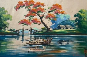 Scène De Pêche, Peinture Sur Soie Signée V. Loc, Ecole Indochinoise - Imagen 1 de 9