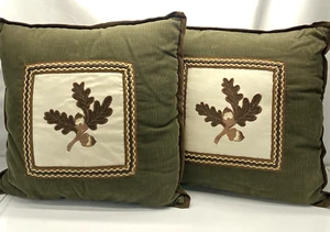Woolrich Pillow Set Corduroy Leather Embroidery Hunter Green Rustic Acorns Cabin - Picture 1 of 6