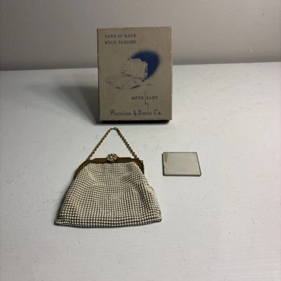 Vintage Whiting & Daivs Mesh Coin Purse White Mirror & Original Box - Image 1 of 4