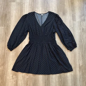 Gap Black Polka Dot Dress XL Smocked Waist Long Sleeve V-Neck Fit Flare NWOT - Picture 1 of 13