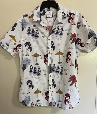 牛仔和花朵短袖夏威夷男式休闲纽扣修身 XL 码 — 第 1/4 张图片