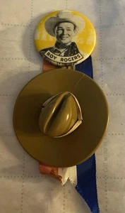 Vtg Roy Rogers Cowboy Pin Button With Plastic Cowboy Hat Ribbon - Picture 1 of 14