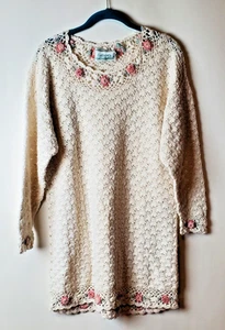 Vintage Hand Knit Colleens Collectables Womens Top / Dress Sz M Ivory Crochet - Picture 1 of 5