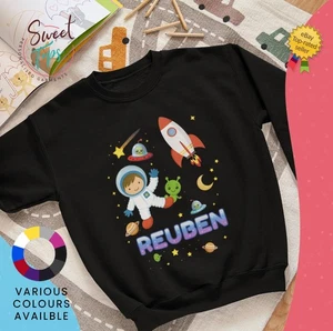 Personalised Kids Space Astronaut & Rocket Theme Sweatshirt - Birthday Gift Idea - Picture 1 of 9