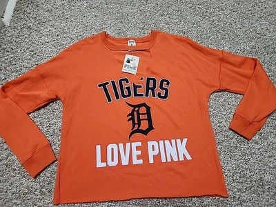 VICTORIAS SECRET PINK MLB DETROIT TIGERS RAW CUT VNECK SWEATSHIRT Medium NWT   - Image 1 of 4