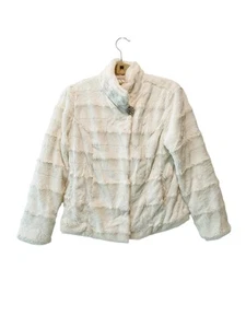 NEW Dennis Basso White Faux Fur Coat Jacket Rhinestone Button Womens Medium GLAM - Picture 1 of 7