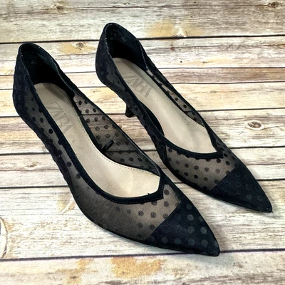 Zara Womens Black Pointed Toe Mesh Polkadot Pumps 37/6.5-7 - Image 1 of 4