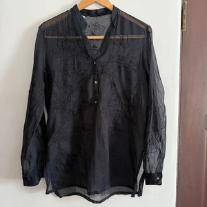 90s Vintage Black Sheer Silk Cotton Organza Floral Embroidered Popover | Medium - Bild 1 von 9