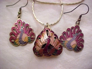 Vintage Puffy Wende Cloisonne bunte Pfau Halskette 18" & Ohrringe 1,25 - Bild 1 von 10