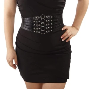 Punk Black Fashion Women's PU Leather Wide Waist Belt Hollow Out Rivets Stretch - Picture 1 of 6