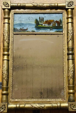 19th Century Sheraton Mirror Reverse Painted Trumeau Glass Federal Period 31”H Cover