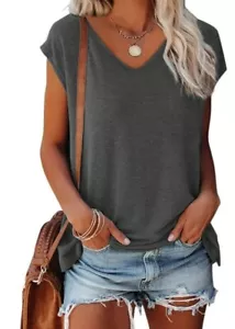 MOSHU V Neck Womens T-Shirts Basic Top for Women Cap Sleeve Loose Medium Gray - Picture 1 of 3