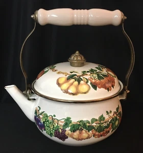 Vintage Tabletops Unlimited Enamel and Brass Teapot Cream with Fruit Design 5 cu - Picture 1 of 7