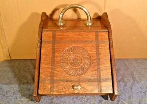 VINTAGE WOOD COAL BOX STORAGE BRASS HANDLES & CARVED FRONT PANEL WITH METAL TRAY - Picture 1 of 18