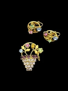 Gold Floral Pastel Rhinestone Flower Basket Brooch & Clip-On Earring Set - Picture 1 of 8