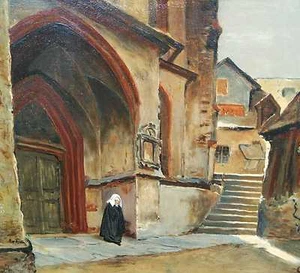 Monogrammist AM? Stadt Belgien ? Kirche Kloster mit Nonne WO? Treppe an Kapelle  - Bild 1 von 9