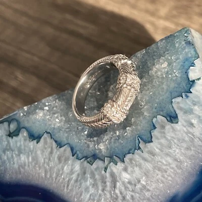 Anel empilhável Judith Ripka prata esterlina 925 zircônia cúbica CZ banda tripla - Imagem 1 de 4