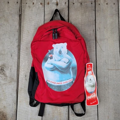 Mochila vintage 1996 Coca-Cola urso polar náilon vermelho nova com etiquetas zíperes de garrafa rara - Imagem 1 de 4
