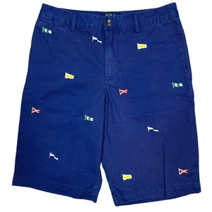 Polo Ralph Lauren Bermuda Shorts Boy's Size 16 Blue Emboidered Flags Preppy - Picture 1 of 8