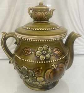 Ceramic Japanese Vintage Tea Pot Cookie Jar w/Lid Olive/ Avocado Green 10” x 6” - Picture 1 of 13