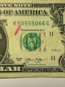 Trinary One Dollar Bill $1 Three In A Row Fives Four Of A Kind 5s K50555066G 555 - Picture 1 of 10
