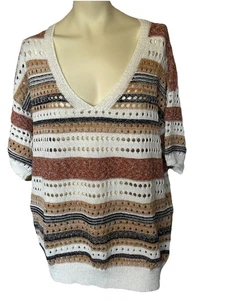 Markenlos Damen Kurzarm Mehrfarbig Große Webart Pointelle Pullover 2XL - Bild 1 von 6