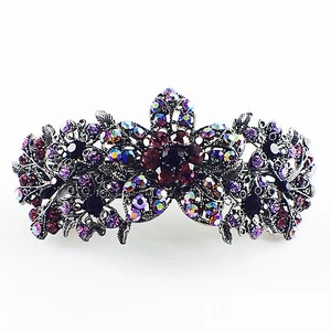 USA BARRETTE Rhinestone Crystal Hairpin Claw Clip Metal Vintage Flower Purple 01 - Picture 1 of 11