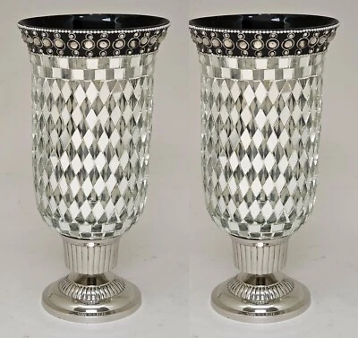 Candle Holder Nickel Plated & Mirror Mosaic Glass Shade 5.5"Dia 11.5"High Set/2 - Image 1 of 4