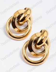 CLIP ON 3cm GOLD TONE knot HOOP EARRINGS metal fashion HOOPS chunky RETRO 30mm - Picture 1 of 3