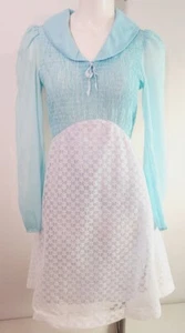 Vintage 70er Candi Jones California blau/weiß Spitze Festival Folk Boho Kleid Größe 13 - Bild 1 von 10