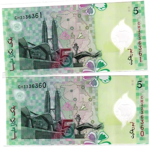 Mazuma *M5199 Malaysia Zeti 11th Polymer $5 CH3336360-361 2 Running UNC - Picture 1 of 2