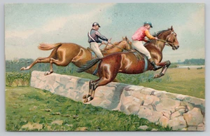 Equestrian Male Horse Jumpers Wall Jumping Clearing Obstacles Art Postcard 1906 - Picture 1 of 4