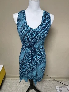 Women’s DKNY jeans 100% Cotton Teal Patterned Dress Cinch Waist, Size M - Picture 1 of 9