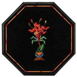 15" Octagonal Black Floral Marble Table with Inlay – Handmade Geometric Art - Picture 1 of 11